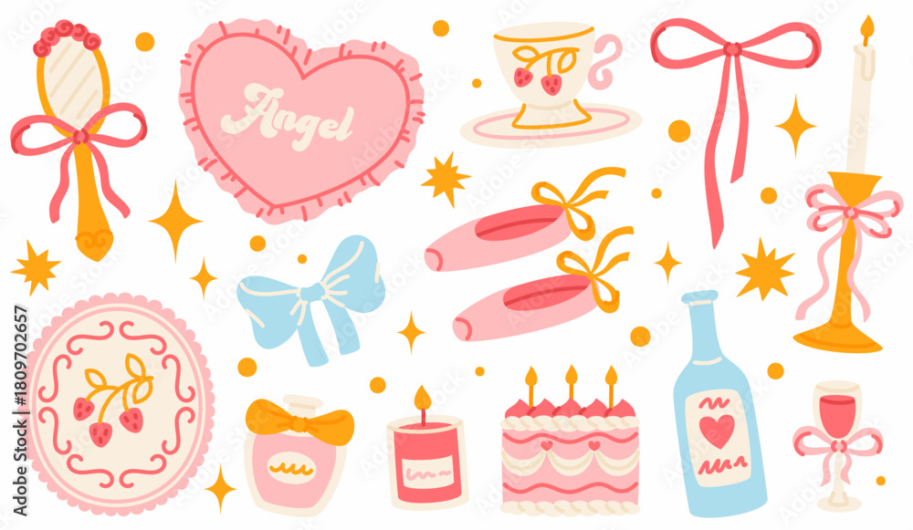 Fototapeta premium Girly elements with a ballet aesthetic. A set of coquette elements with bows, pointe shoes, and perfume.