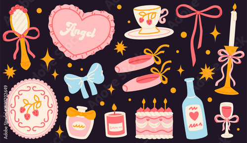 Girly elements with a ballet aesthetic on a dark background. A set of coquette elements with bows, pointe shoes, and perfume.