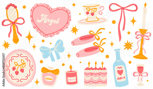 Girly elements with a ballet aesthetic. A set of coquette elements with bows, pointe shoes, and perfume.