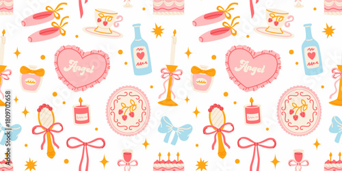 A seamless pattern with girlish elements of ballet aesthetics. A set of coquette elements with bows, pointe shoes, and perfume.
