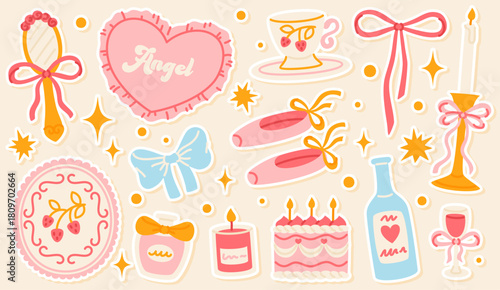 Girly stickers with a ballet aesthetic. A set of coquette elements with bows, pointe shoes, and perfume.