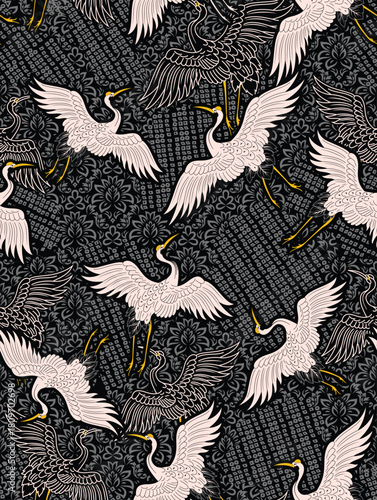 Seamless pattern of a pink pelican with flowers. Vector illustration
