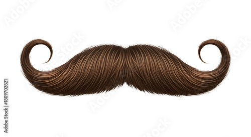 Classic brown handlebar mustache with elegant curls, retro style