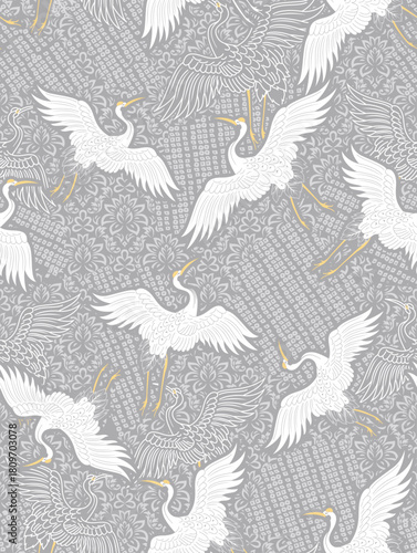 Seamless pattern of a pink pelican with flowers. Vector illustration
