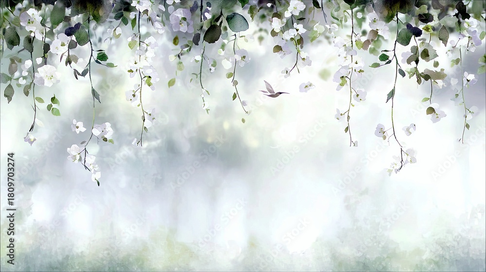 Obraz premium A serene scene of cascading white flowers and leaves with a hummingbird flying amidst the soft, blurred background.