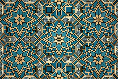 Intricate geometric turquoise and gold islamic tilework pattern