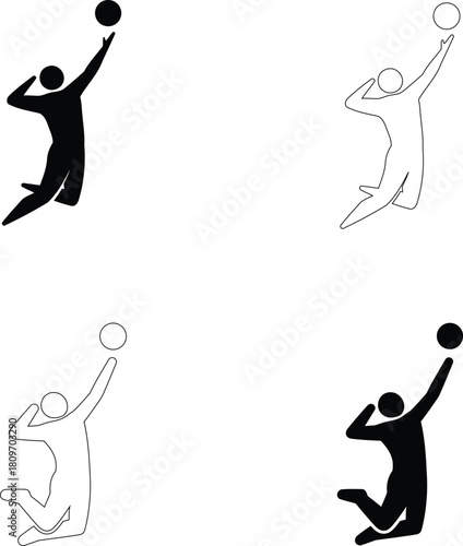 Volleyball Jump Smash Silhouette Icons Set Athlete Action Sport Movement Team Play Vector Illustration PNG