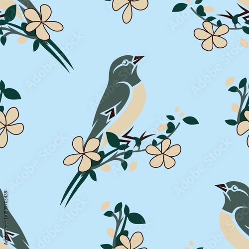 Seamless pattern of a pink pelican with flowers. Vector illustration
