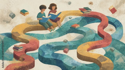Illustration of two children, a boy and a girl, sitting on a colorful maze. they are both holding books and appear to be engrossed in reading.