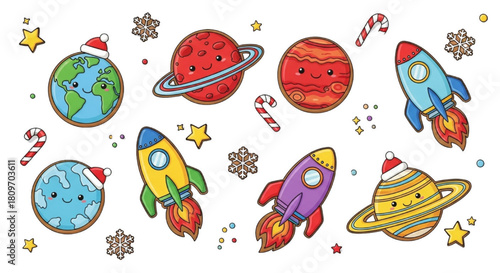 Set of Cute Cartoon Christmas Space Cookies Including Planets, Rockets, and Candy Canes