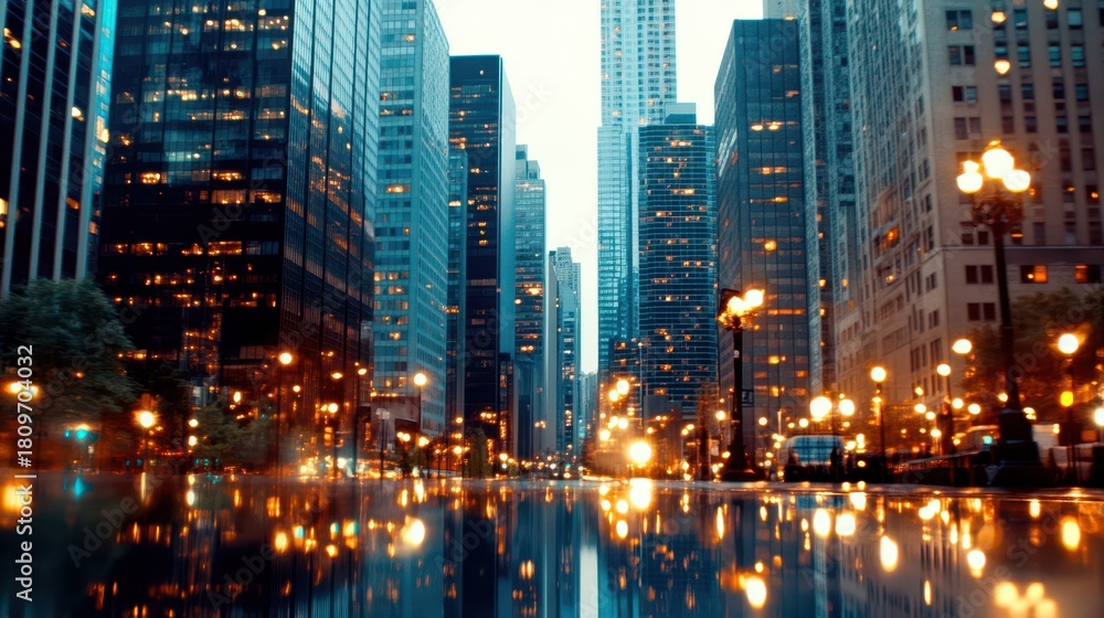 Fototapeta premium City Reflections: A captivating cityscape glistens with the soft glow of streetlights reflected on wet pavement, as towering skyscrapers reach towards the evening sky.