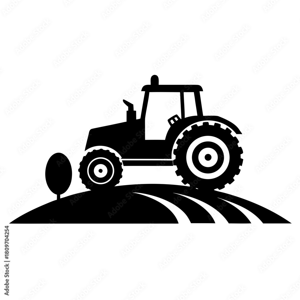 Naklejka premium Silhouette of an agricultural tractor cultivating a field with a small tree Vector