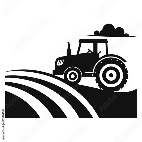 Farm tractor silhouette working on cultivated field with dark clouds above Vector