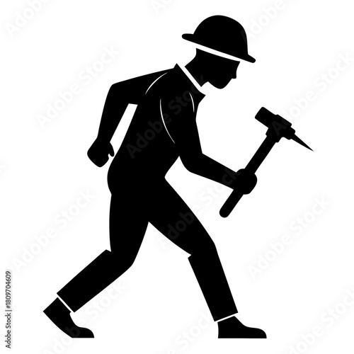 Silhouette of a miner in a hard hat holding a pickaxe, symbolizing hard work Vector