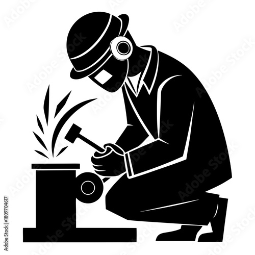 Industrial worker forging metal with hammer and anvil, creating sparks illustration Vector