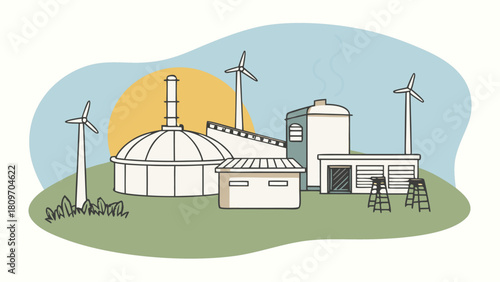 Biogas Production Plant Vector Illustration – Renewable Energy from Biomass, Methane Gas Generation, Eco-Friendly Digester System and Sustainable Power Technology