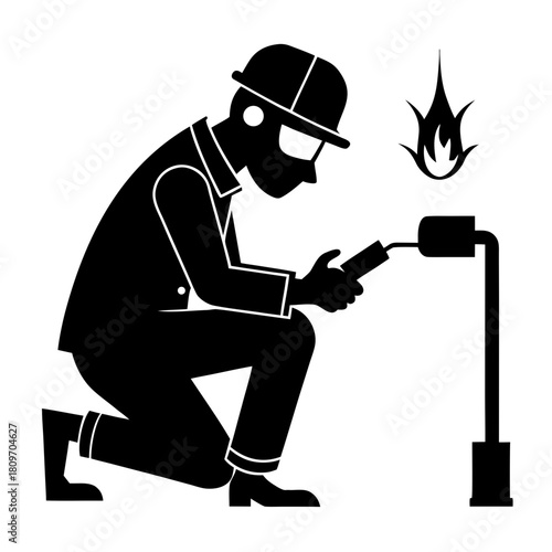 Worker using welding torch icon with flame on isolated white background Vector