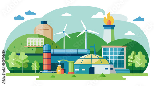 Biogas Production Plant Vector Illustration – Renewable Energy from Biomass, Methane Gas Generation, Eco-Friendly Digester System and Sustainable Power Technology