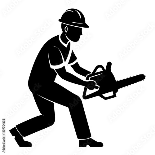 Logger or arborist holding chainsaw, hard hat, working man, tree cutting tool Vector