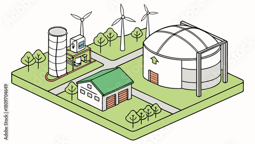 Biogas Production Plant Vector Illustration – Renewable Energy from Biomass, Methane Gas Generation, Eco-Friendly Digester System and Sustainable Power Technology