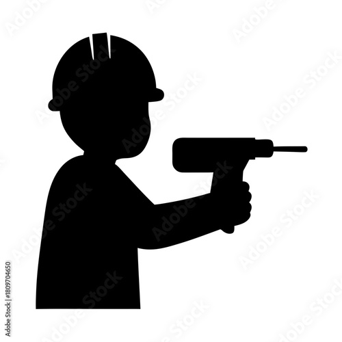 Construction worker silhouette holding power drill, building, repair, and work icon Vector