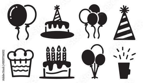  Collection of birthday party icons including balloons cakes and party hats silhouette