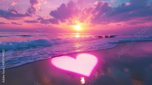 Pink glowing heart on the beach reflects warm sunset colors over calm waves creating a dreamy romance