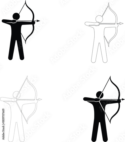 Archery Athlete Silhouette Icon Set Bow Arrow Target Shooting Sports Action Vector Minimal Illustration PNG