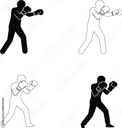 Boxing Athlete Silhouette Icon Set Gloves Fight Punch Sport Action Training Vector Minimal Illustration PNG
