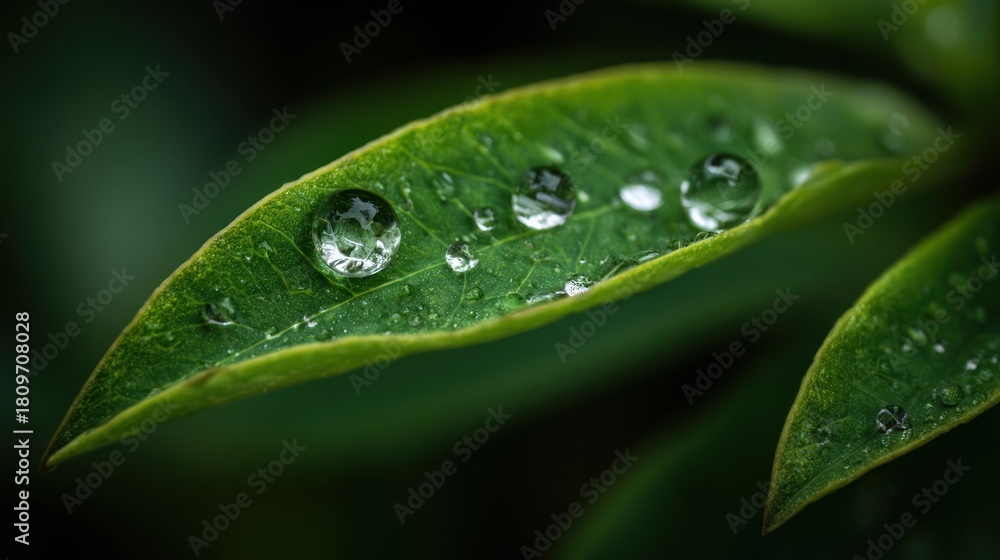 Fototapeta premium Macro shot of water droplets resting on a vibrant green leaf surface.