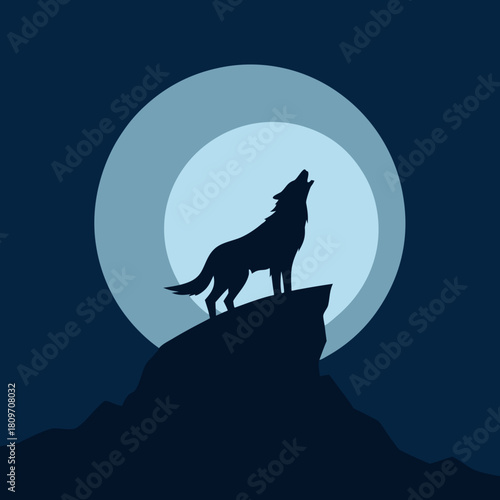 Silhouette of a wolf howling at the moon on a rocky cliff isolated on white background isolated on transparent background