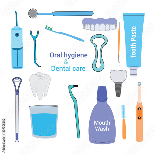 Oral hygiene and dental care vector illistration. Comprehensive collection of dental hygiene tools and oral care products for daily healthy teeth routine.
