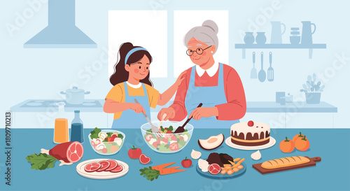 A happy grandmother and granddaughter bonding while cooking a healthy meal together in a modern kitchen with fresh ingredients.