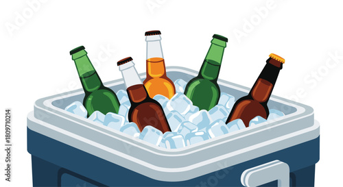 A portable blue cooler box filled with ice cubes and assorted glass bottles of cold beer for a summer party or picnic.