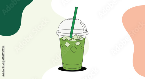 A refreshing iced matcha green tea latte in a plastic takeaway cup with a straw against a minimal abstract background.