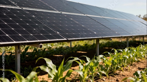 A row of dark photovoltaic solar panels is installed above young corn plants growing in brown soil, depicting sustainable agrivoltaic farming practices.