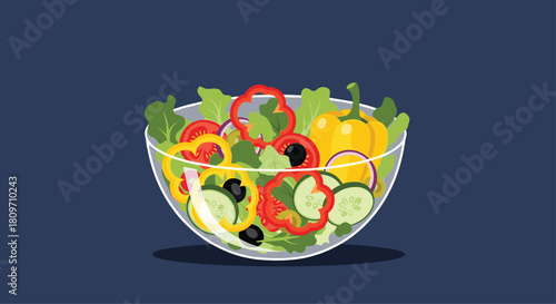 A fresh and healthy vegetable salad in a clear glass bowl against a dark blue background for a nutritious meal concept.