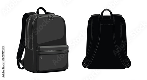 A classic black school or travel backpack shown from the front and back views isolated on a white background illustration.