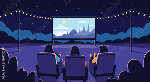 Three friends enjoying an outdoor movie night watching a film on a large screen under string lights and a starry sky.
