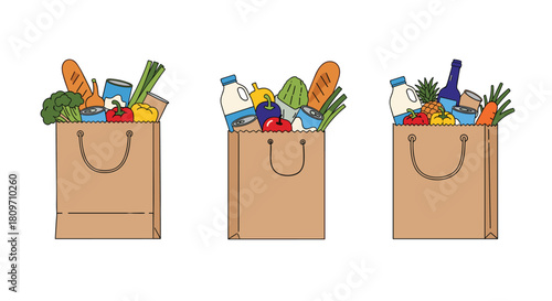 Three brown paper grocery bags filled with a variety of fresh food items like bread vegetables milk and canned goods.