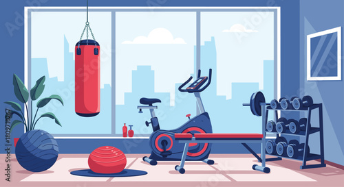 A modern home gym interior with various fitness equipment including an exercise bike punching bag and weights by a window.