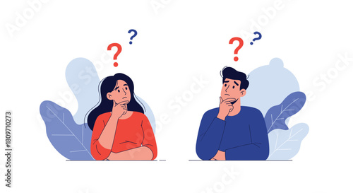 A pensive young man and woman thinking with question marks above their heads representing confusion doubt or problem-solving.