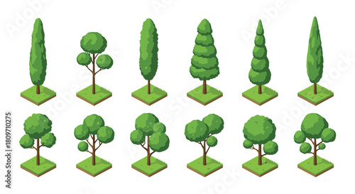 Fototapeta Naklejka Na Ścianę i Meble -  A set of various green isometric trees for landscape design elements in games or maps isolated on a white background.