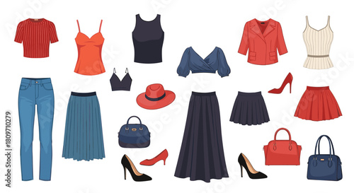 A stylish collection of trendy women's clothing and accessories including tops skirts jeans and shoes for a capsule wardrobe.
