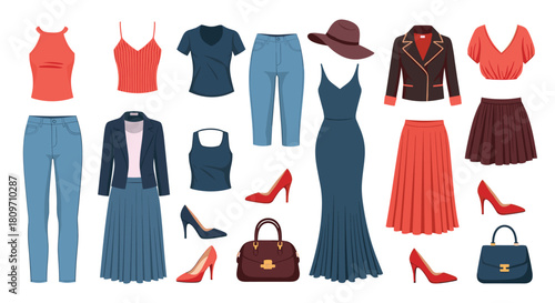 A large collection of elegant women's clothing and fashion accessories for creating various stylish outfits on white.