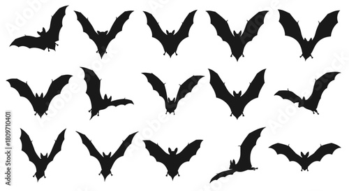 A spooky collection of black flying bat silhouettes in various poses perfect for Halloween decoration on a white background.