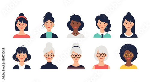 A diverse set of ten female avatars or portraits showing women of different ages ethnicities and hairstyles.