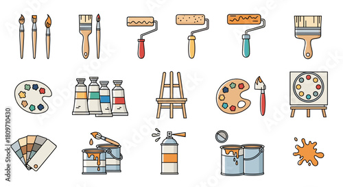 A comprehensive collection of art supplies and painting tools in a colorful line icon style for artists and designers.