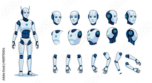 A futuristic android or robot character creation set with separate body parts for animation on a white background.