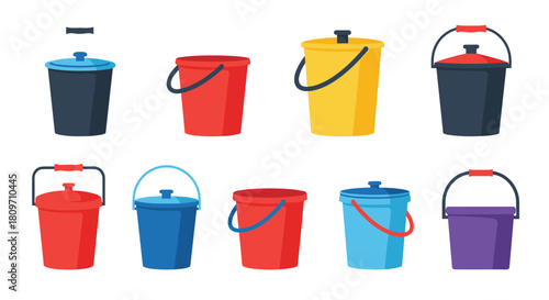 A collection of colorful plastic buckets with and without lids in various shapes and sizes for household or garden use.